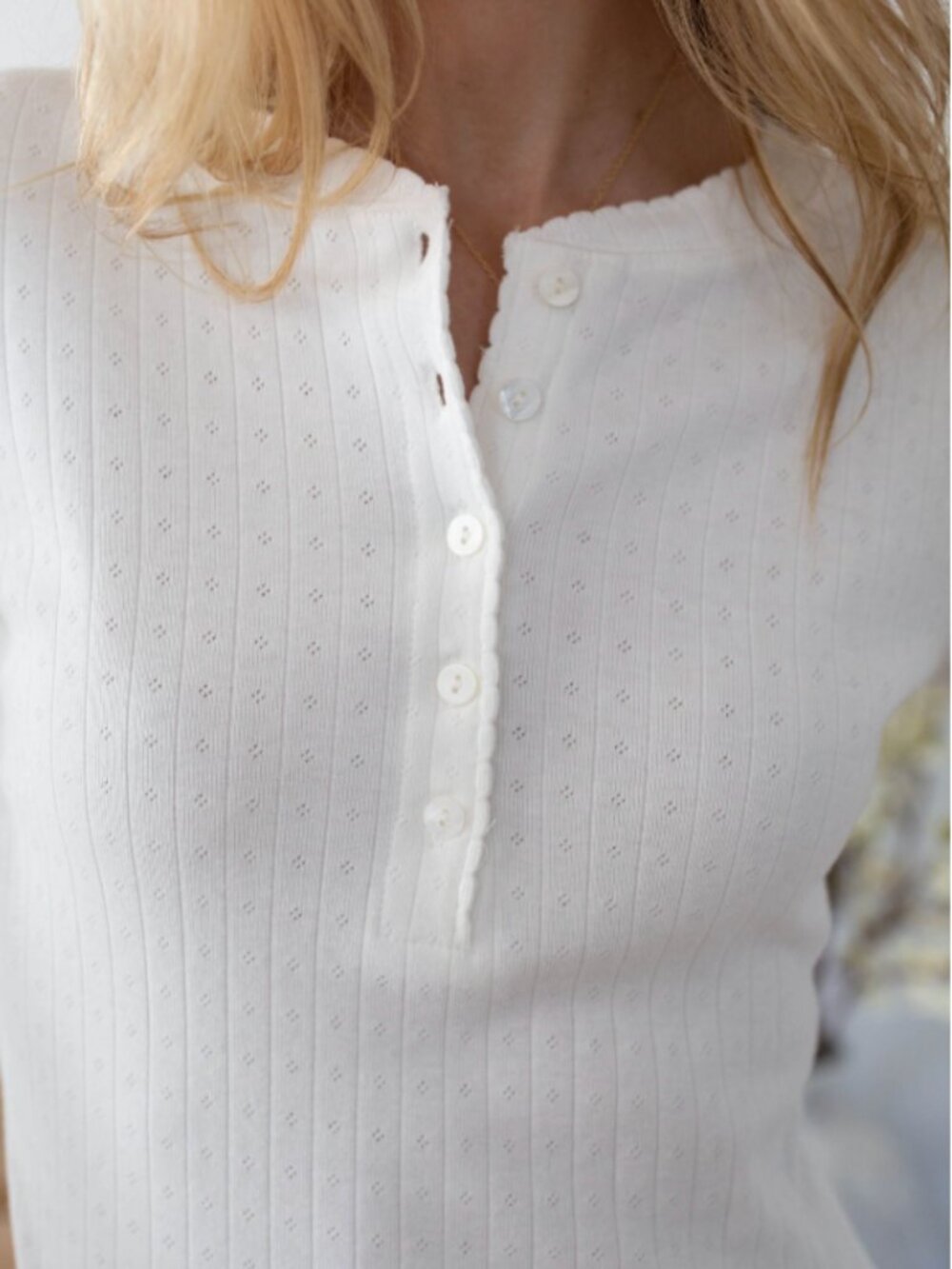 Marea Liz Joy White Pointelle Long Sleeve Henley- Size Large - Picture 3 of 7